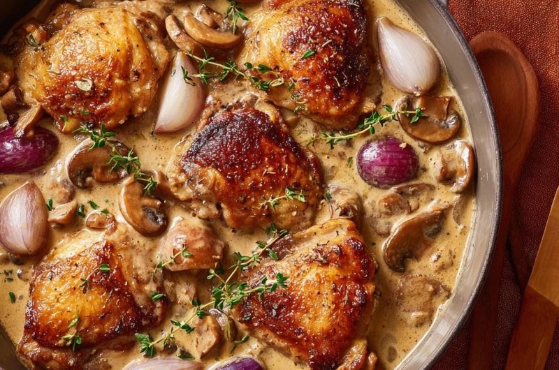 Knuspriges Hähnchen mit Pilzen, Perlzwiebeln und Trauben (Endlich knusprige Haut trotz Soße!)