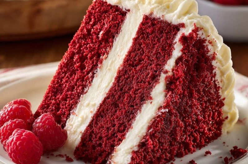 Red Velvet Kuchen mit Frischkäse-Frosting und Himbeeren
