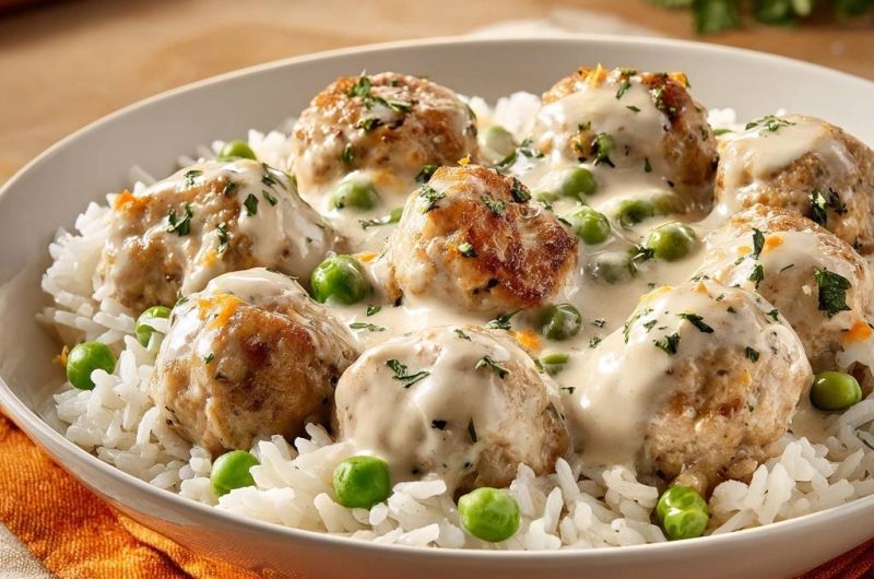 Saftige Hähnchenbällchen in Erbsensoße