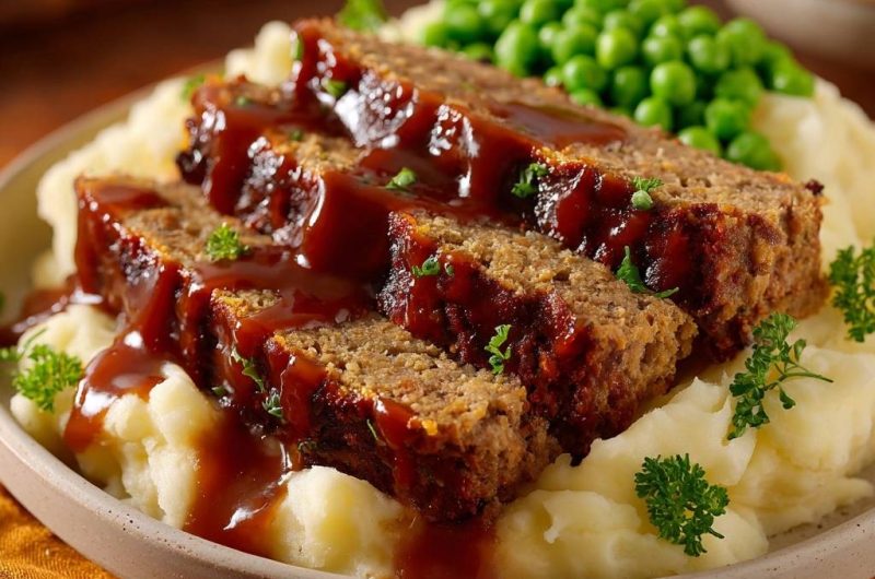 Saftiger Hackbraten mit Kartoffelpüree, Erbsen und Soße