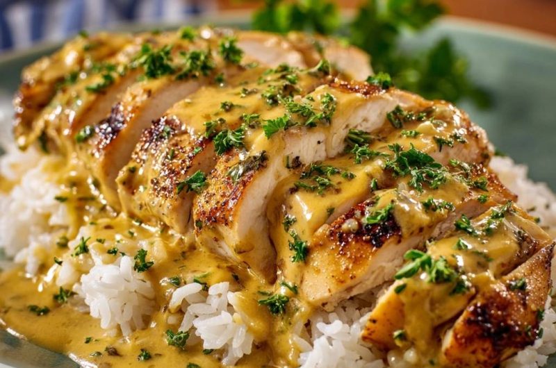 Saftiges Honig-Senf-Hähnchen auf Reis