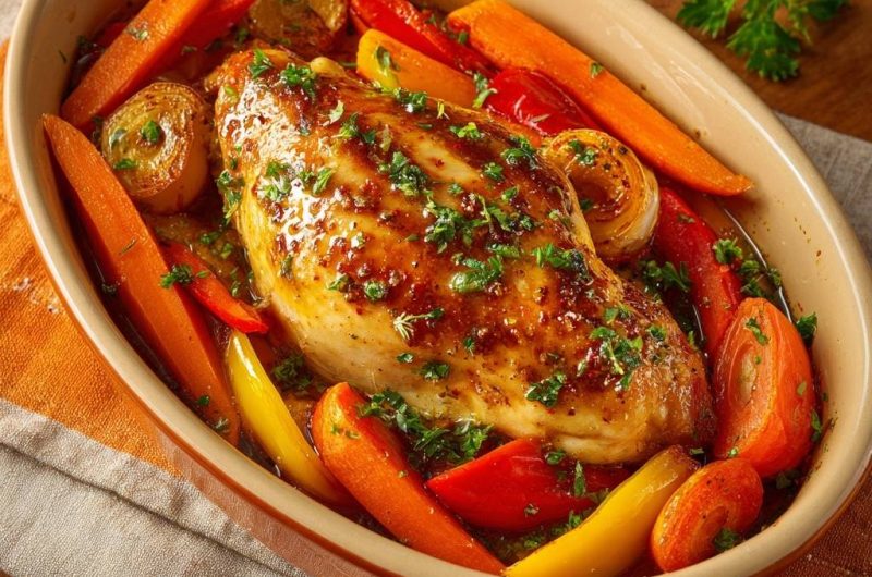 Saftiges Ofenhähnchen mit Paprika-Karotten-Gemüse