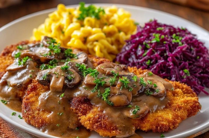 Wiener Schnitzel mit Pilzrahmsauce, Spätzle und Rotkohl