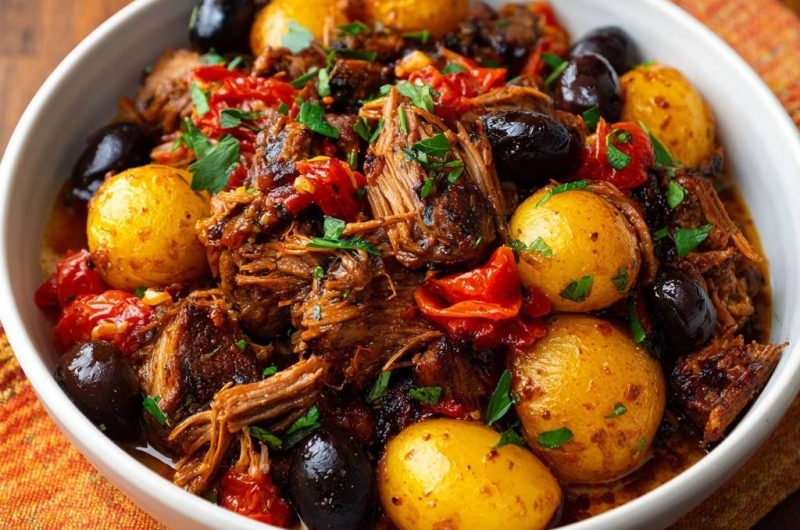 Zartes Pulled Rind mit Kartoffeln, Oliven & Paprika