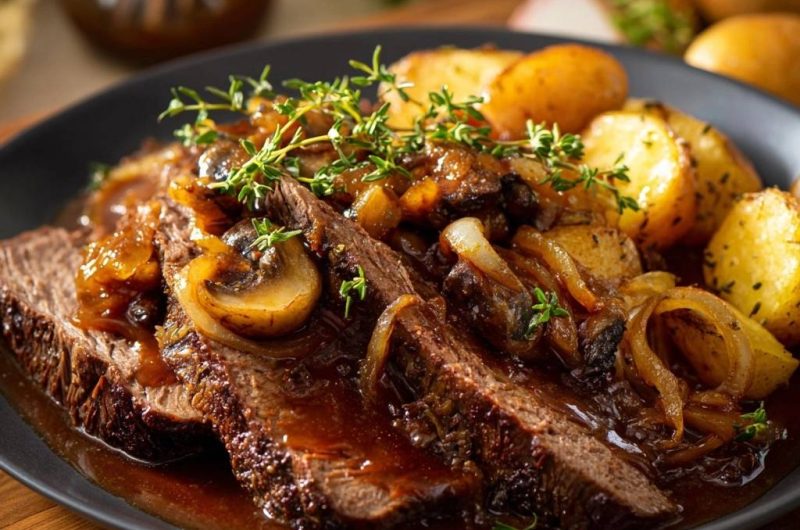 Zartes Rinderbrustfleisch mit Apfel-Zwiebel-Pilzen und Babykartoffeln