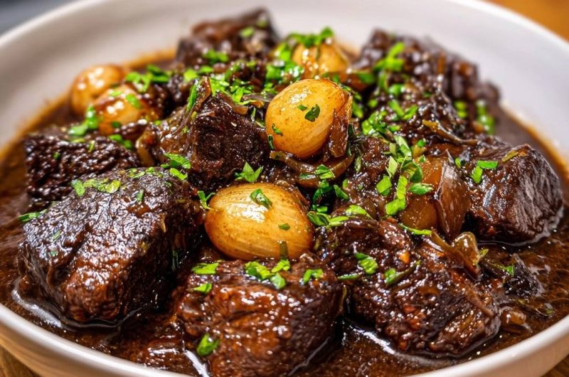 Zartes Rindfleisch mit glasierte Perlzwiebeln