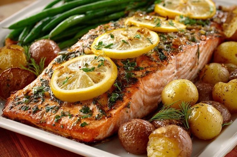 Zitronen-Kräuter-Lachs mit Babykartoffeln und grünen Bohnen