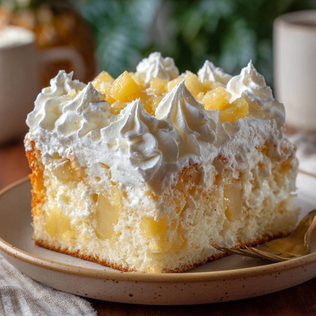 Ananas-Sahne-Blech, ein angeschnittenes Stück des Kuchens mit Sahnetupfern und Ananasstücken garniert.