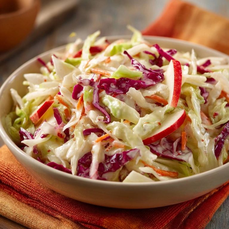 Knackfrischer Apfel-Coleslaw in einer Schüssel, Nahaufnahme der frischen Zutaten und cremigen Sauce