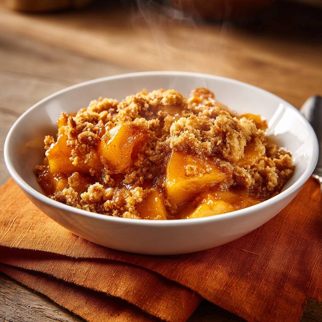 Apfel-Crumble mit Vanilleeis, dampfend in einer weißen Schüssel auf einem orangen Tuch serviert.