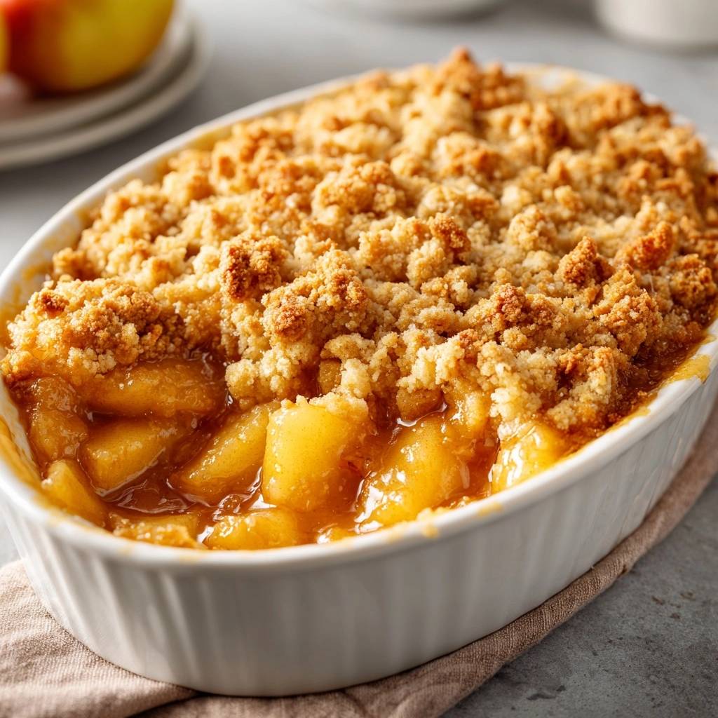 Apfel-Crumble mit knuspriger Streusel-Textur in einer weißen Auflaufform, Nahaufnahme