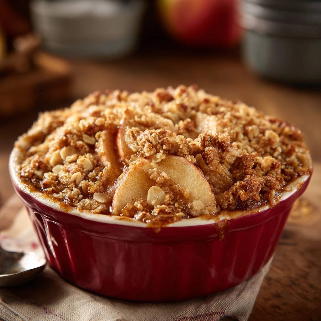 Apfel-Crumble mit detailreichem Streusel-Topping und Apfelscheiben in einer roten Auflaufform.