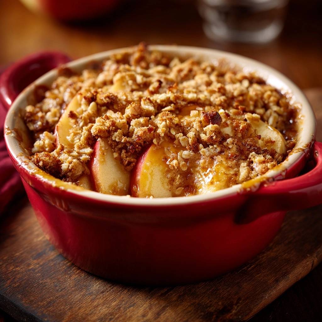 Apfel-Crumble mit knuspriger Streuselhaube und geschichteten Apfelscheiben in einer roten Auflaufform.