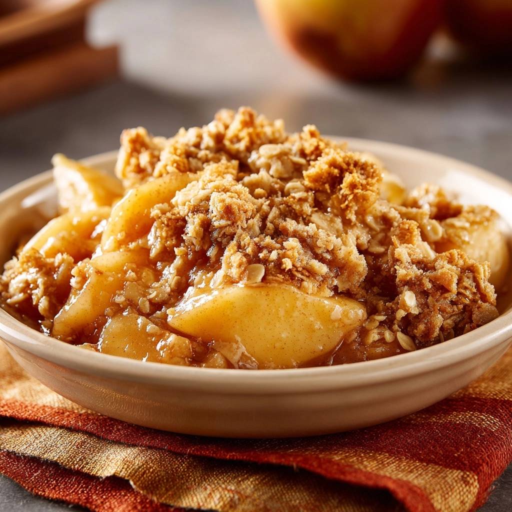 Knuspriger Apfel-Crumble mit einer detaillierten Ansicht des goldbraunen Streuseltoppings in einer Schale.