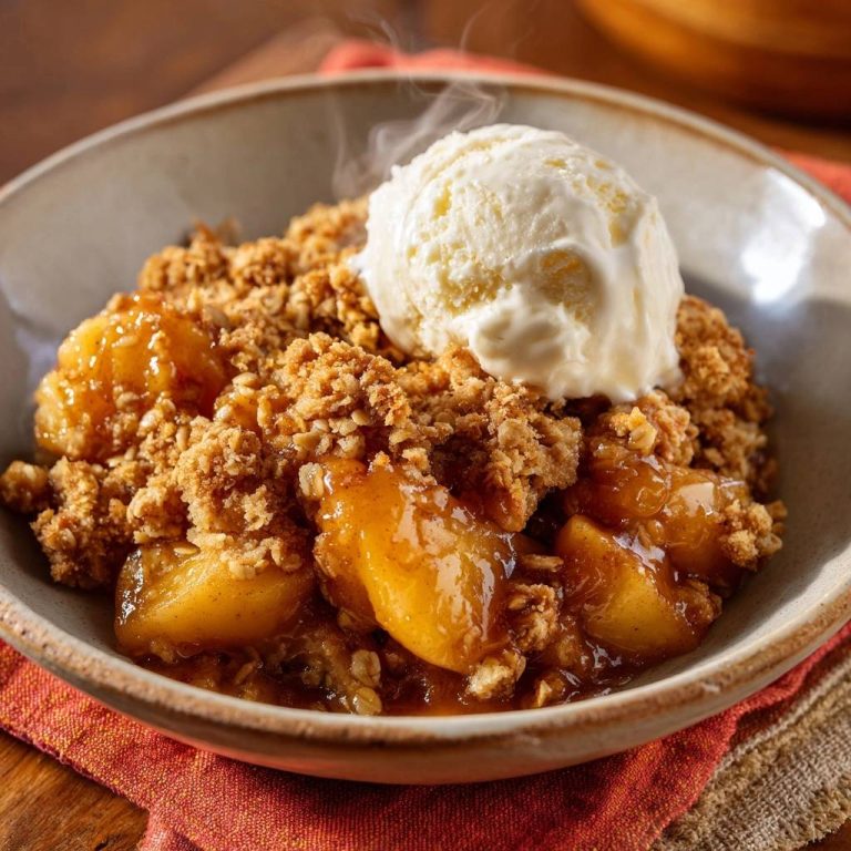 Apfel-Crumble mit Vanilleeis, eine Nahaufnahme des warmen Desserts mit dampfenden Äpfeln und knuspriger Krume.