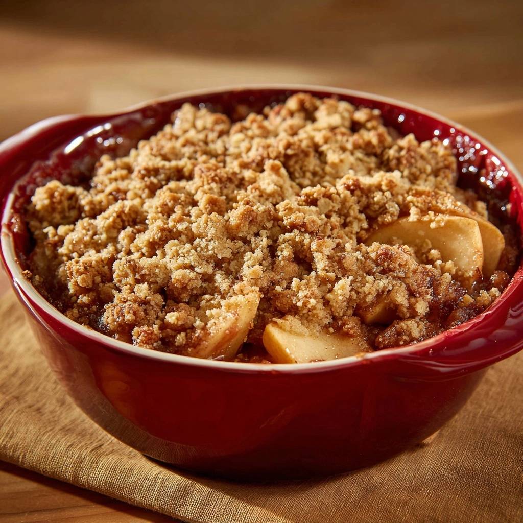 Perfekter Apfel-Crumble mit einer knusprigen Kruste in einer roten Auflaufform, nah aufgenommen.