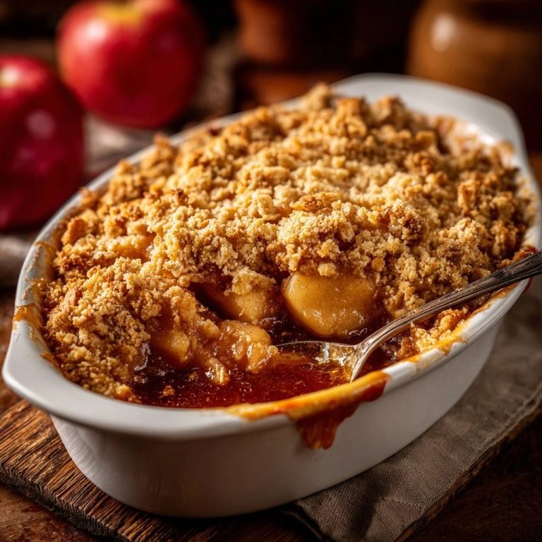 Apfel-Crumble mit knusprigem Streuselbelag, Nahaufnahme des frisch gebackenen Desserts in einer Auflaufform mit einem Löffel darin.