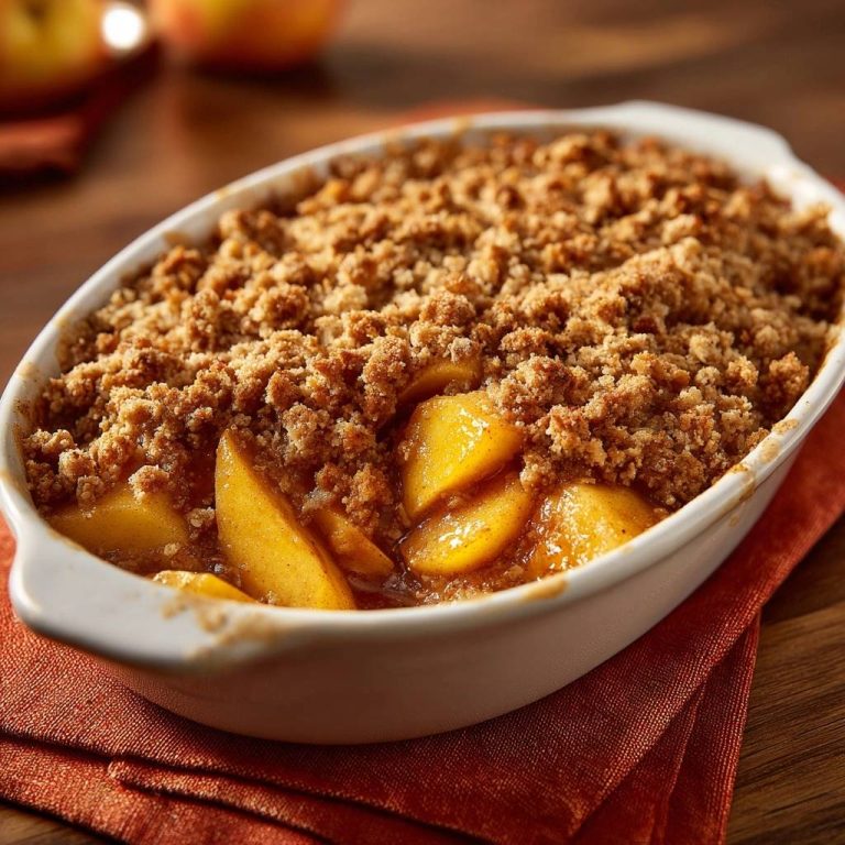 Knuspriger Apfel-Crumble mit goldenen Äpfeln und einer Textur-reichen Streuseldecke, Nahaufnahme des Backgerichts.