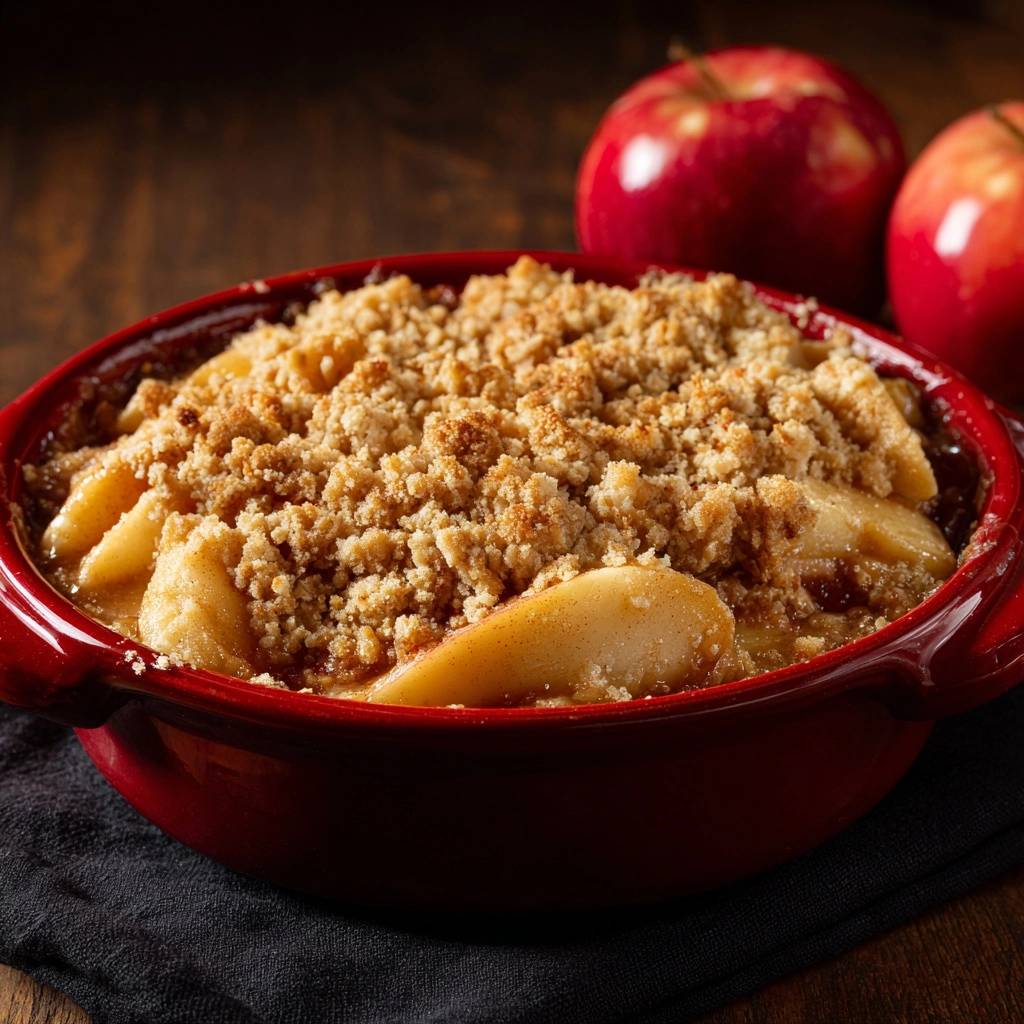 Perfekter Apfel-Crumble in roter Schüssel, knusprig und saftig mit sichtbaren Apfelstücken und Streuseldecke.
