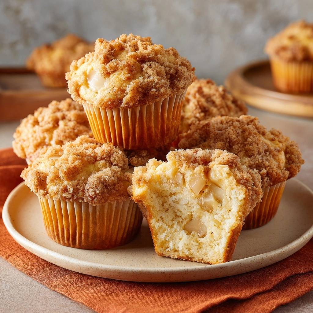 Apfel-Streusel-Muffins angeschnitten, mit sichtbaren Fruchtstücken und knuspriger Streuselhaube, auf einem Teller serviert