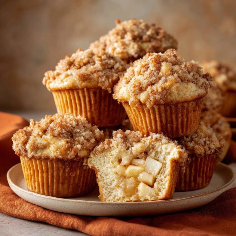 Apfel-Streusel-Muffins angeschnitten, die saftige Apfelstücke im Inneren zeigen.