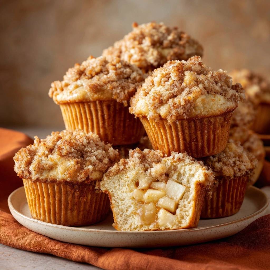 Apfel-Streusel-Muffins angeschnitten, die saftige Apfelstücke im Inneren zeigen.