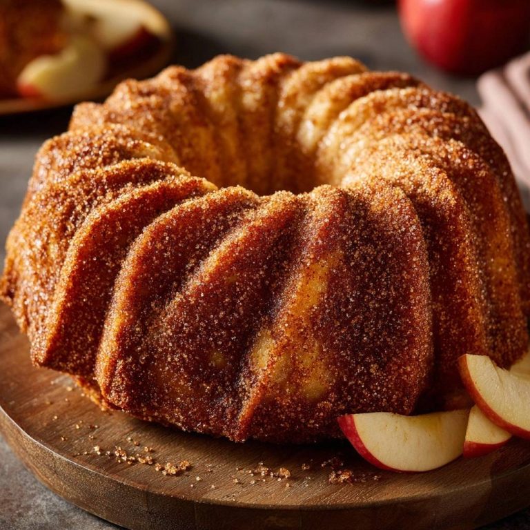 Apfel-Zimt-Gugelhupf mit einer knusprigen Zuckerkruste, nahaufnahme auf einem Holzteller mit Apfelschnitzen.