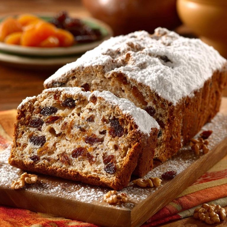 Saftiges Aprikosen-Rosinen-Walnuss-Brot, angeschnitten, zeigt die saftige Textur mit vielen Früchten und Nüssen.