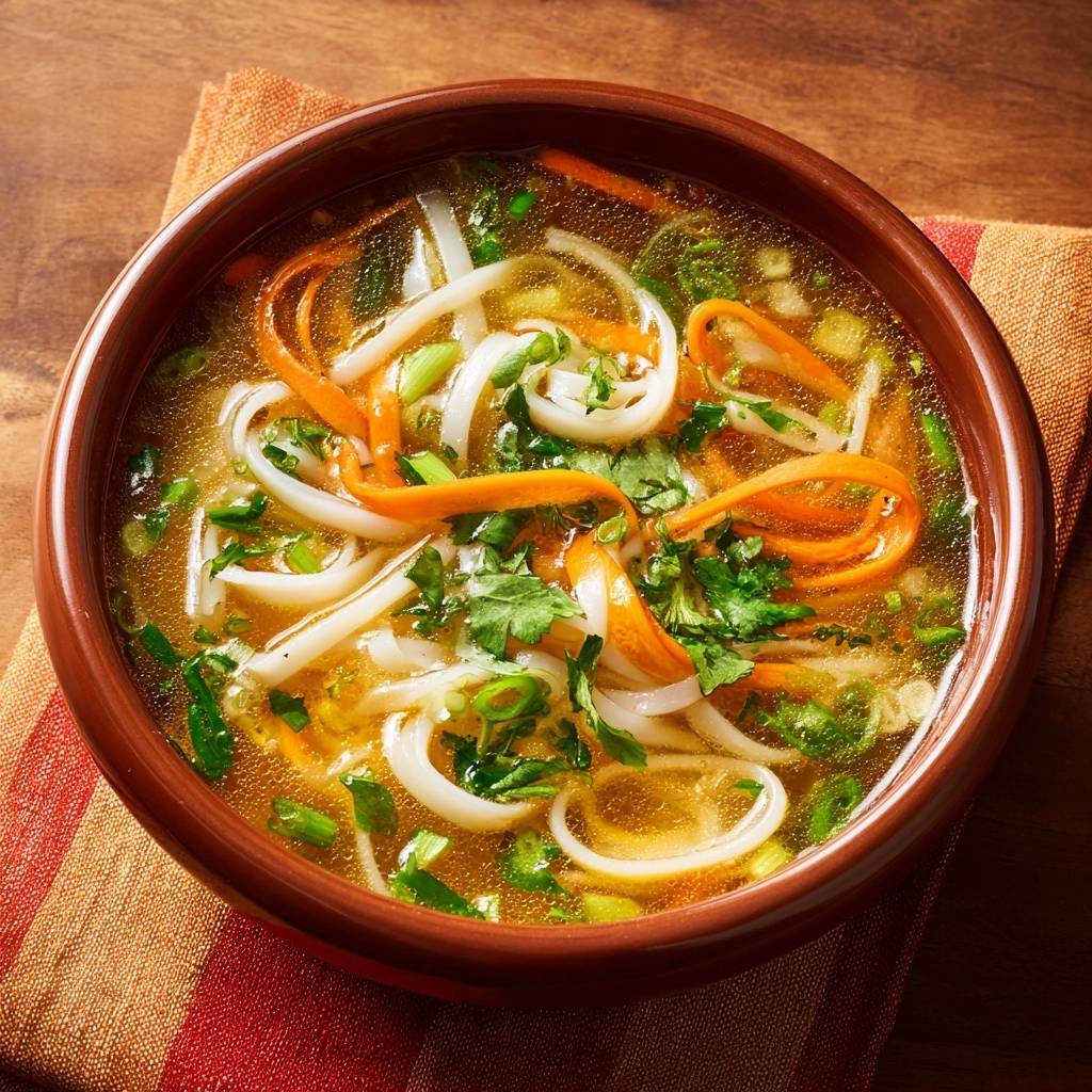 Asiatische Karottennudelsuppe in einer braunen Schüssel, Nahaufnahme der Nudeln und Karotten mit frischen Kräutern garniert.