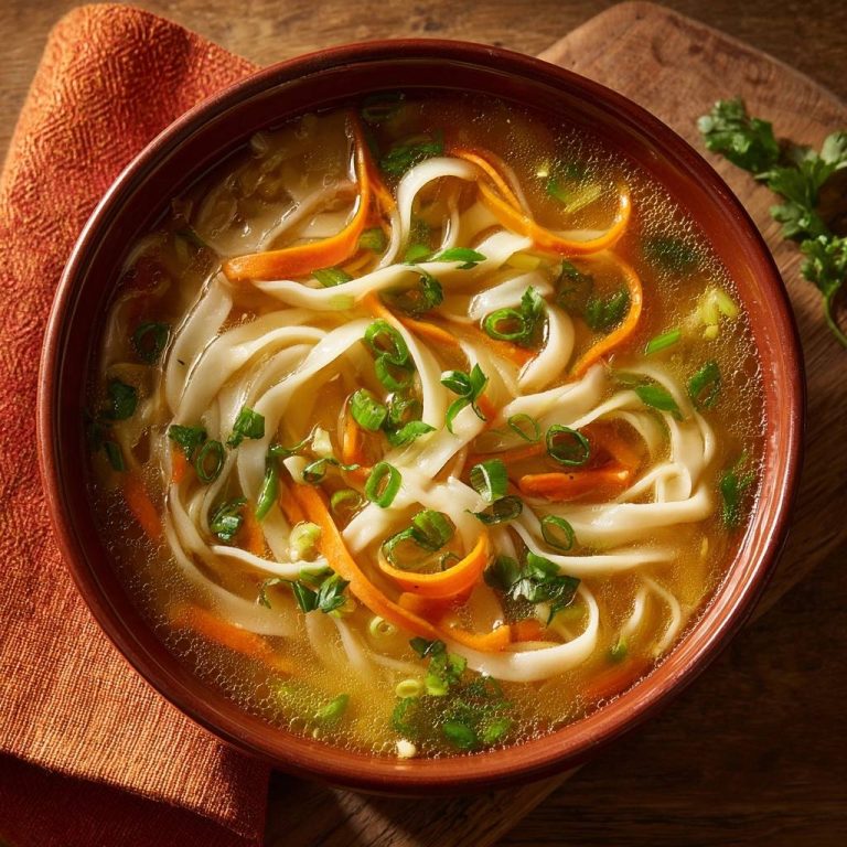 Asiatische Karottennudelsuppe mit frischen Nudeln und Karottenstreifen, serviert in einem braunen Napf mit Kräutern.