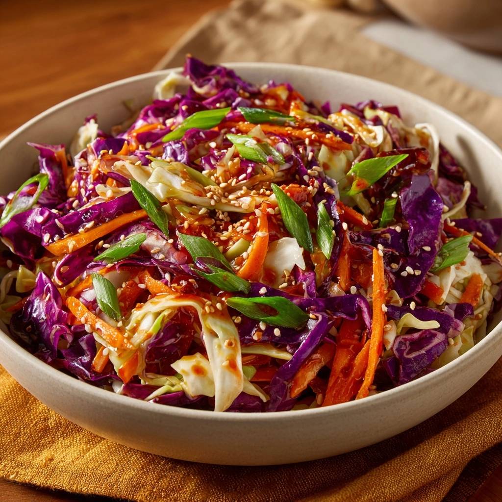 Knackiger Asiatischer Krautsalat garniert mit Frühlingszwiebeln und Sesam in einer Schüssel