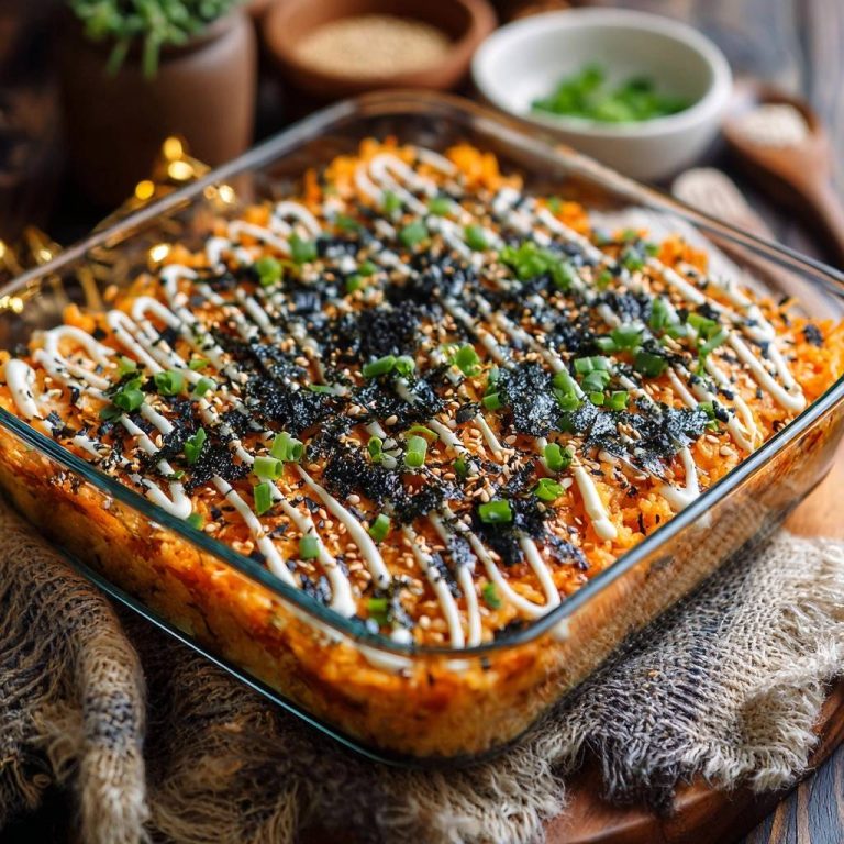 Asiatischer Kürbis-Fried-Rice-Auflauf, garniert mit Mayonnaise, Nori und Frühlingszwiebeln in einer Auflaufform.