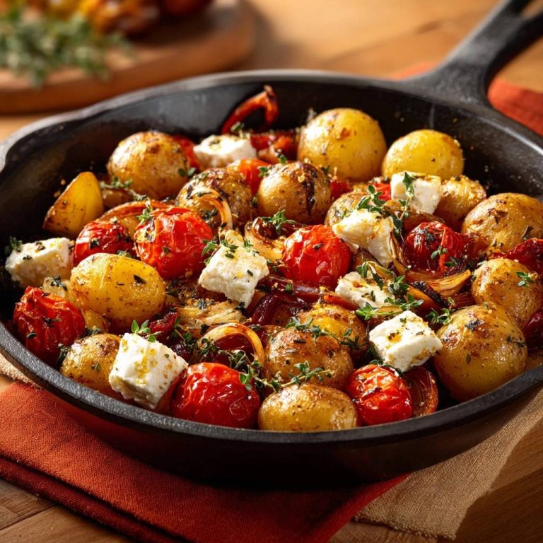 Knusprige Babykartoffeln mit Tomaten und Feta, garniert mit frischen Kräutern in einer gusseisernen Pfanne.
