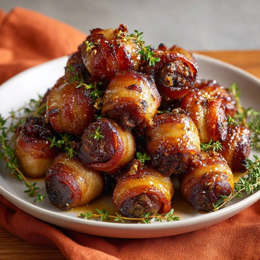 Bacon-gewickelte Süßkartoffeln mit Thymian-Glaze, nahaufnahme der glasierten Bällchen mit frischem Thymian garniert