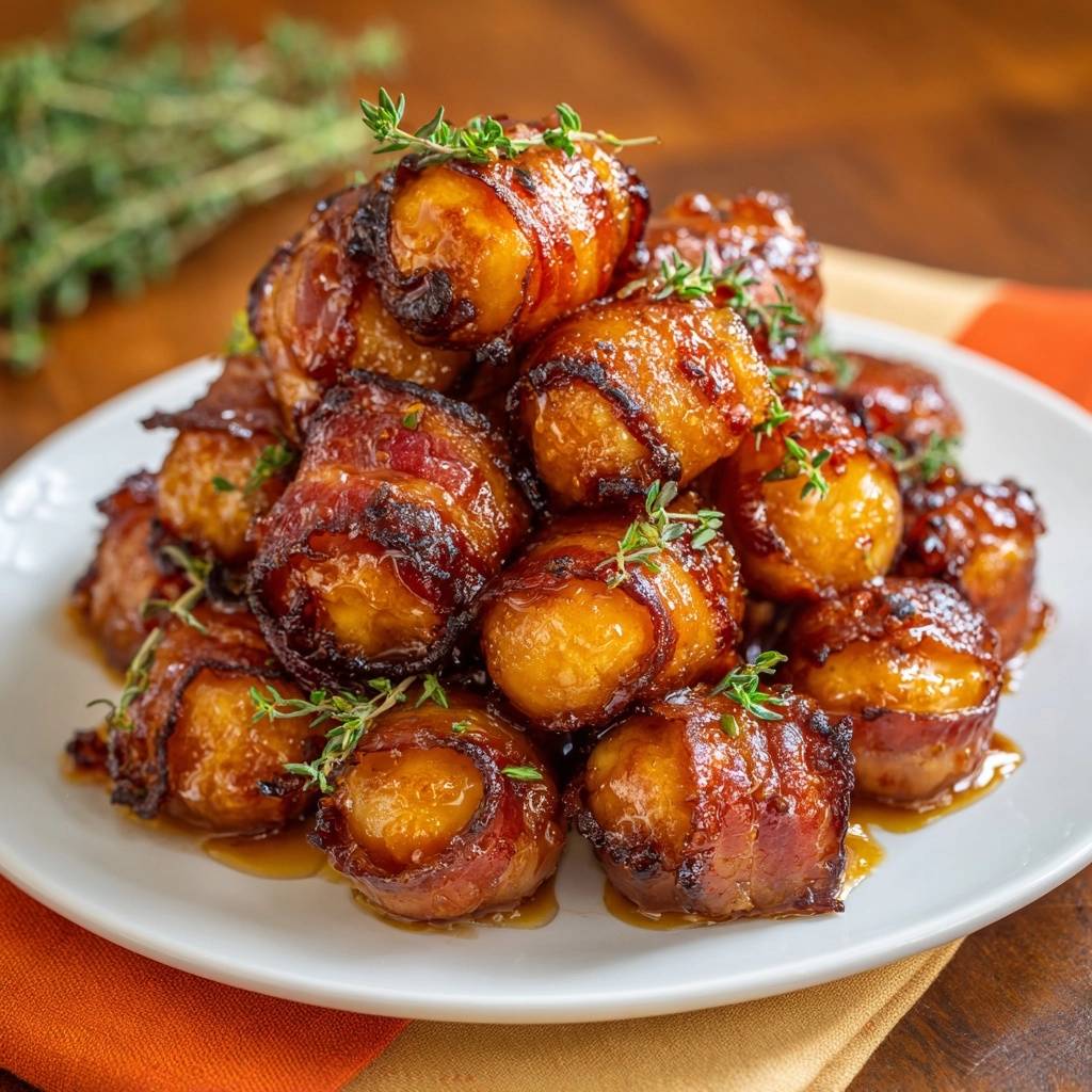 Bacon-gewickelte Süßkartoffeln mit Thymian-Glaze, nahaufnahme der glänzenden Glasur und frischem Thymian garniert