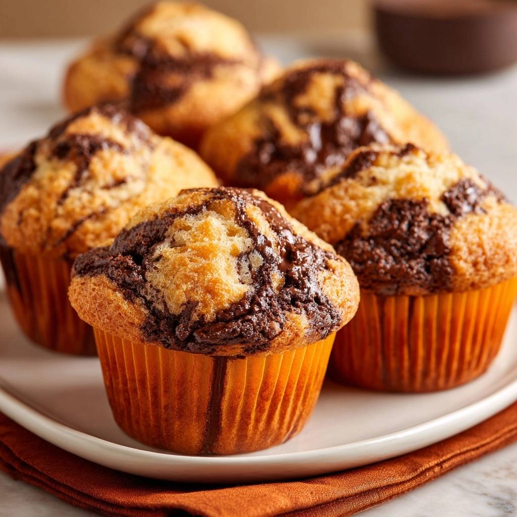 Bananen-Schoko-Muffins saftig marmoriert, Nahaufnahme von oben mit Schokoladenwirbeln