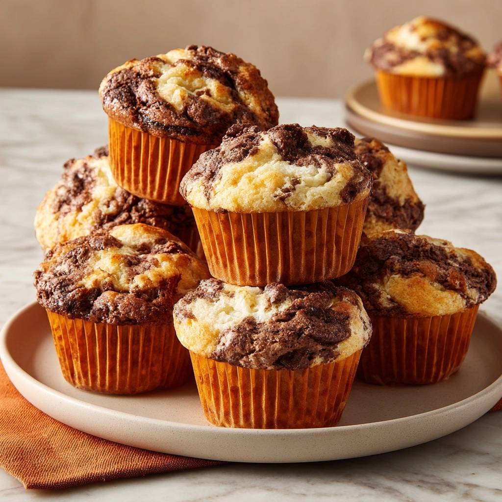 Bananen-Streusel-Muffins gestapelt auf einer Platte, Nahaufnahme der marbelisierten Oberfläche und der orangenen Papierförmchen.