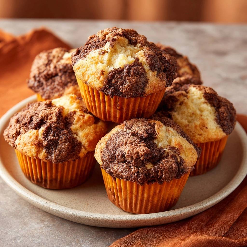 Bananen-Streusel-Muffins nah aufgenommen und gestapelt auf einem Teller, mit schokoladigen Streuseln.