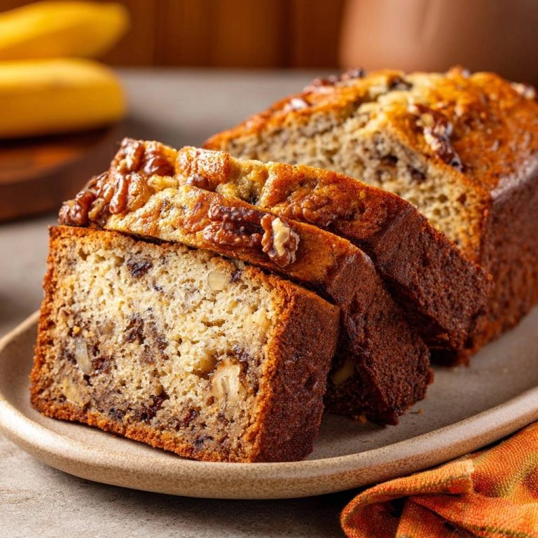 Saftiges Bananen-Walnuss-Brot angeschnitten, das zeigt die saftige Krume mit Walnüssen und Bananenstückchen.