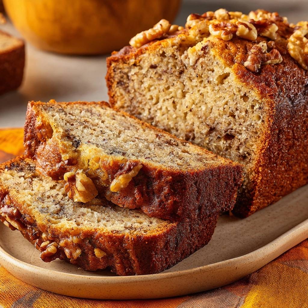Saftiges Bananen-Walnuss-Brot angeschnitten, mit Walnüssen garniert und appetitlich auf einem Teller präsentiert.