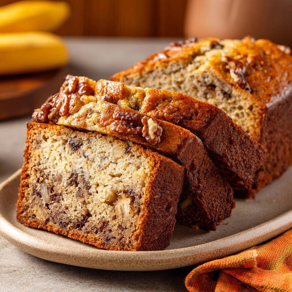 Saftiges Bananen-Walnuss-Brot angeschnitten, das zeigt die saftige Krume mit Walnüssen und Bananenstückchen.