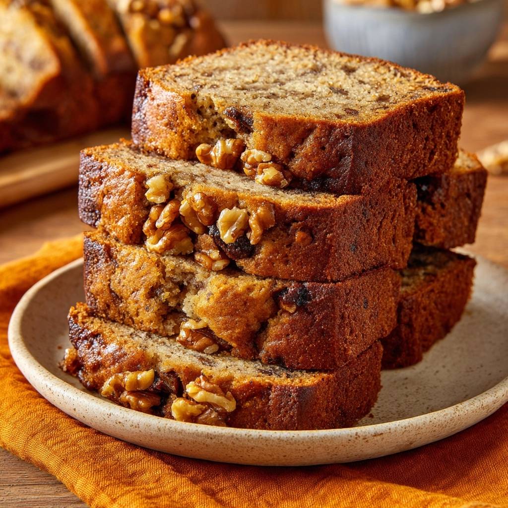 Saftiges Bananen-Walnuss-Brot als angeschnittener Stapel auf einem Teller mit Walnüssen und Rosinen im Inneren.