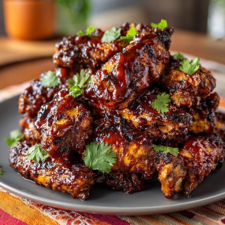 Knusprige BBQ-Hähnchenflügel, serviert auf einem Teller und garniert mit frischen Kräutern für ein appetitliches Aussehen.