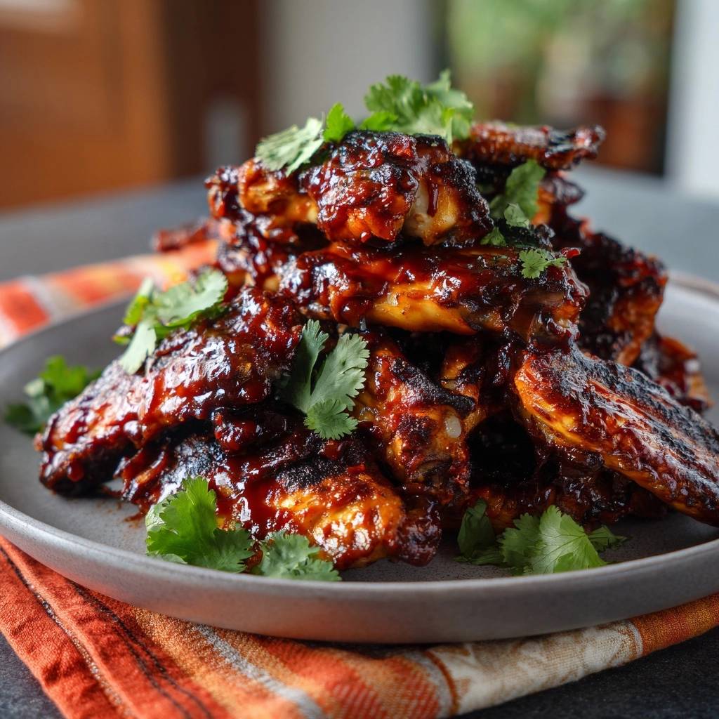 Knusprige BBQ-Hähnchenflügel, serviert auf einem Teller und garniert mit frischem Koriander und einer glänzenden Sauce.