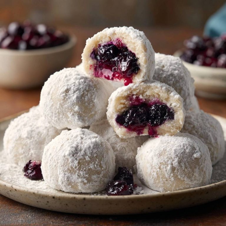 Blaubeer-Schneebällchen angeschnitten, die saftige Blaubeerfüllung im Inneren ist sichtbar, bestäubt mit Puderzucker.