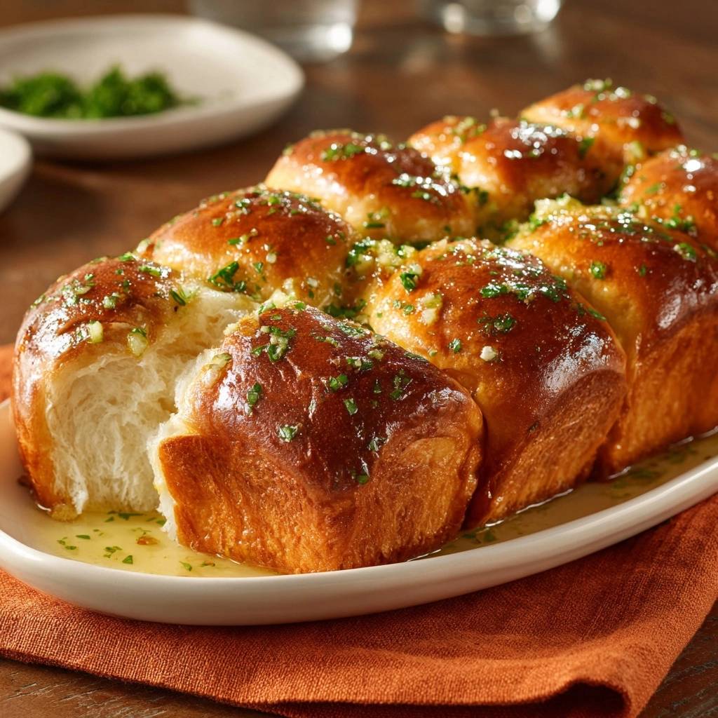 Blumen-Knoblauchbrötchen angeschnitten mit frischen Kräutern und Butter übergossen, die fluffige Krume ist sichtbar.