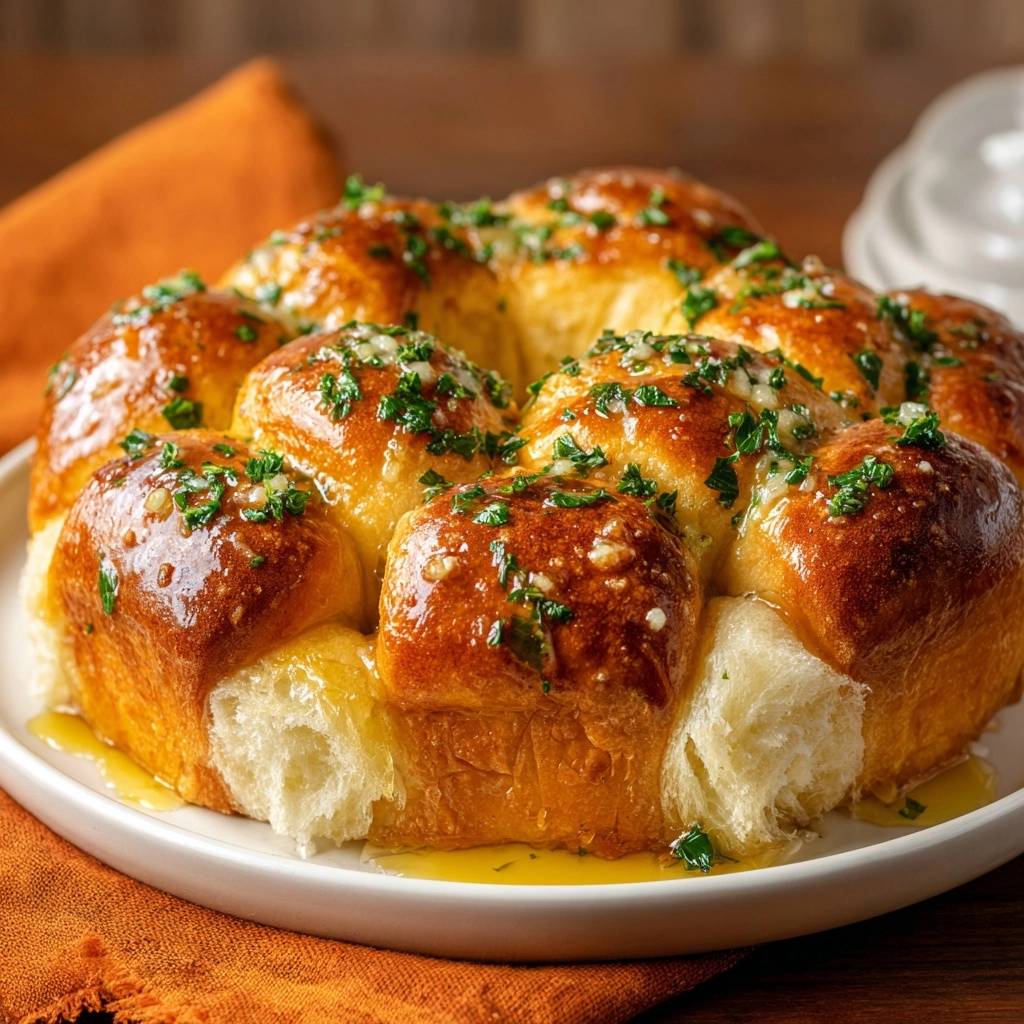 Blumen-Knoblauchbrötchen frisch gebacken und mit einer glänzenden Knoblauch-Kräuter-Mischung garniert.