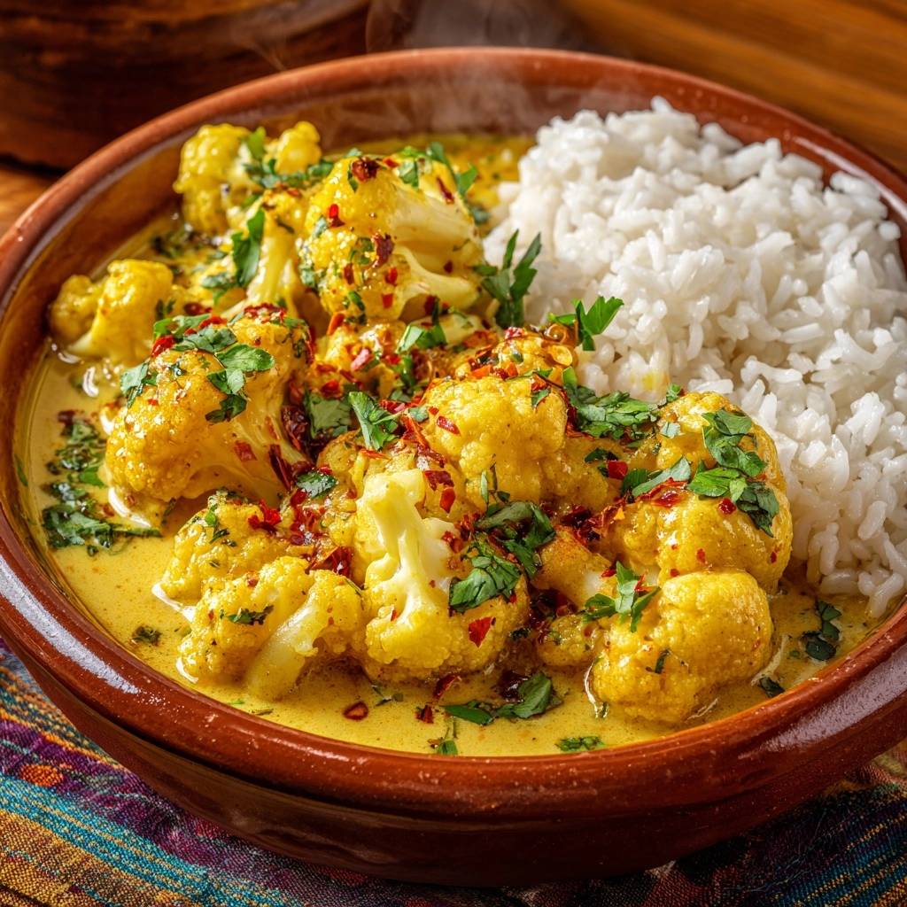 Knackiger Blumenkohl-Curry mit Reis nahaufnahme mit frischen Kräutern und Chiliflocken garniert in einer braunen Schüssel.