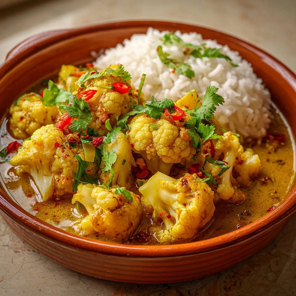 Knackiger Blumenkohl-Curry mit Reis, eine Nahaufnahme des aromatischen Gerichts mit frischen Chili- und Koriander-Garnituren.