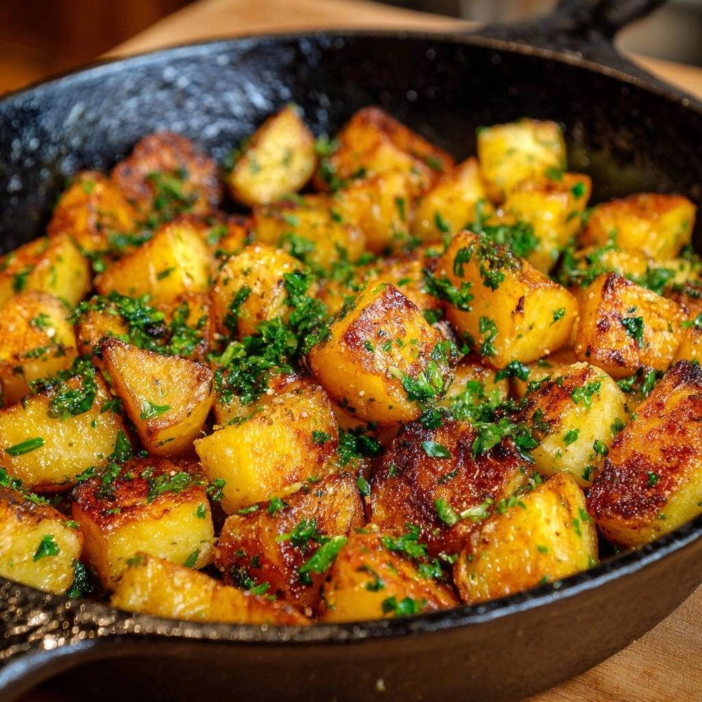 Knusprige Bratkartoffeln mit Petersilie, eine Nahaufnahme von goldbraunen Kartoffeln, garniert mit frischer Petersilie in einer Pfanne.
